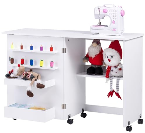 Vividwood Mesa de coser plegable, mesa multiusos para máquina de coser con diseño compacto, ruedas, estantes, contenedores, clavijas, cierres magnéticos (blanco)
