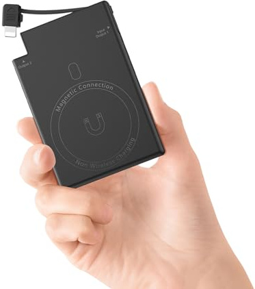 TNTOR Batteria esterna magnetica da 5000 mAh con cavo integrato per iPhone 14/13/12/11/10, caricatore portatile ultrasottile e leggero, piccola batteria di riserva compatta (ricarica non wireless)