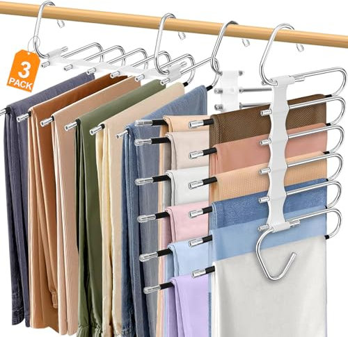 Swetfela 3-Piece Trouser Hangers - 6-Tier Open, Space-Saving, Non-Slip Stainless Steel Multi-Function Pants Hangers - Wardrobe Organizer for Trousers, Scarves & More