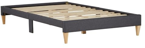Homestyle4u Polsterbett 140x200 mit Lattenrost - Futonbett Grau | Doppelbett ohne Kopfteil, strukturierter Webstoff, 6 Füße, MDF-Rahmen, Stauraum ca. 20 cm