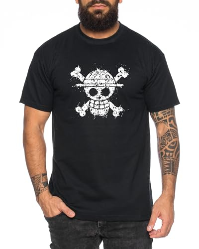Logo Used - Herren T-Shirt Straw Hat Luffy Zoro One Monkey D. Pirat Ace Piece Goku Anime Ruffy, Größe:XXL, Farbe:Schwarz