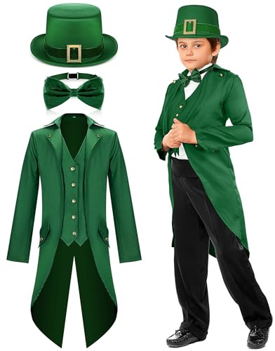 Geyoga Boys St Patrick's Day Outfit Kids Leprechaun Costumes Gothic Vintage Steampunk Tailcoat with Leprechaun Hat Bow Tie(155)