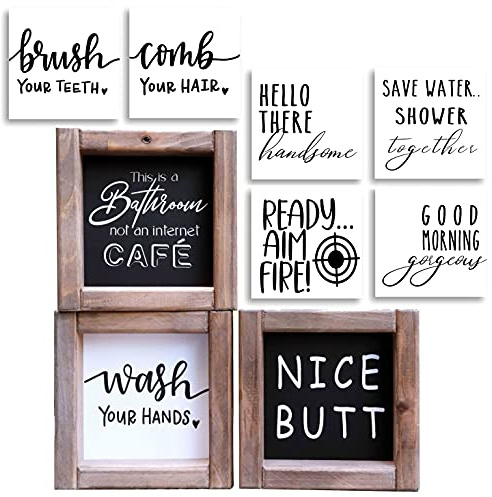 Funny Bathroom Signs Wall Art Decor, Farmhouse Bathroom Wall Decor with 9 Interchangeable Sayings, Rustic Accessories for Restroom Shelf ，3 Wood Frames Black and White Restroom Decor (6 * 6)
