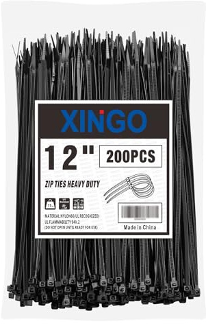 XINGO 200 Stück Kabelbinder Schwarz, 300mm x 5.8mm, 37kg Zugfestigkeit, UV-beständig, Selbstsichernde Kabelbinder für drinnen und drauße