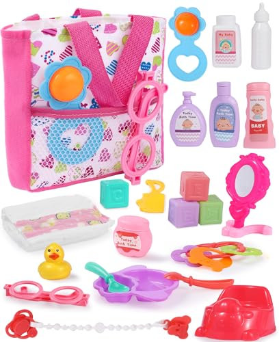 GAGAKU Puppenzubehör Set für Babypuppen, Fütterungs- und Pflegeset für Babypuppen,inklusive Wickeltasche,Puppenwindeln, Rollenspielset,Duschen,Essen und mehr, für Kinder, Mädchen