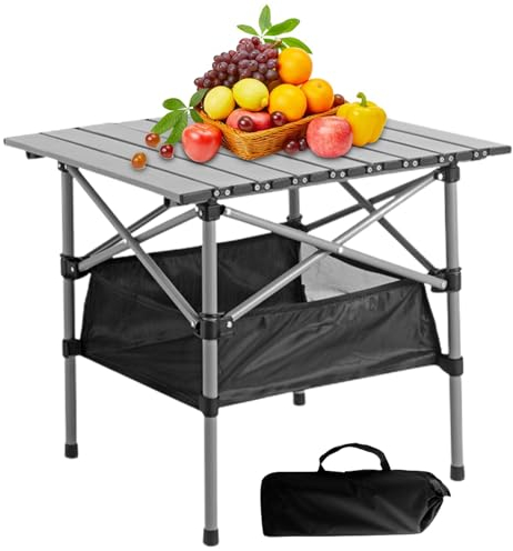 Klappbarer Strandtisch – großer Picknick-Rolltisch mit Netz-Aufbewahrungstasche, Metall-Picknick-Campingtisch mit einfacher Tragetasche zum Angeln, Wandern, Gartenarbeit, Terrasse