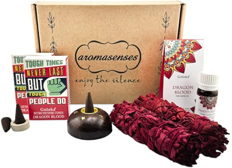 Aromasenses - Caja Surtida Sangre de Dragon - 2 Atadillos Naturales + 2 Cajas de Conos de Incienso + 2 Aceite Esencial + 1 Soporte para Conos de Madera (Caja 2)