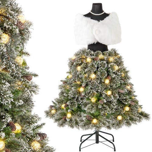 COSTWAY Künstlicher Weihnachtsbaum in Schneiderpuppen-Optik, Tannenbaum mit Beleuchtung und Scharnierstruktur, Christbaum mit 50 LED-Leuchtkugeln, 36 natürlichen Tannenzapfen, Schal & Halskette