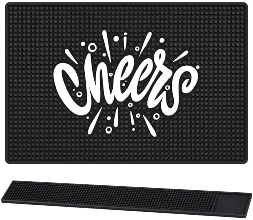 2 Pcs 18x12 Cheers Rubber Bar Mat for Bartending with 24x3 Coffee Bar Mat for Countertop Non Slip Non Spill Durable Table Pad for Home Restaurants Kitchen Cocktail Accessories