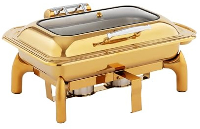 Royal Catering Chafing Dish med stort fönster Matbehållare: 9 l Vattenbad: 14 l 2 bränslekbehållare Golden Rechaud värmebehållare buffé matvärmare