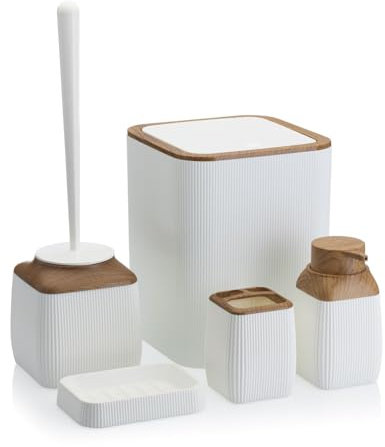 HowHomely Set de Cepillo de baño a Rayas Blancas con Cubo de Basura para baño, Cubo de Basura para baño y escobilla de Inodoro, Color Blanco con Detalles Marrones, Elegante Accesorios de baño