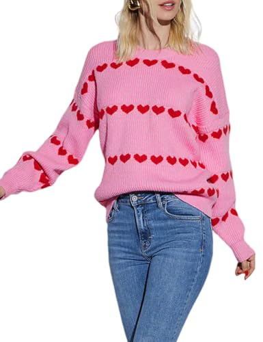 Yimoon Maglione da donna con cuore di San Valentino, a maniche lunghe, girocollo, lavorato a maglia grossa, Rosa, S
