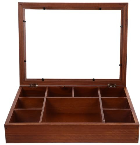 WOFASHPURET Vintage Holz Schmuckkästchen Mit Klarem Kristalldeckel – Staubdichte Aufbewahrungsbox Für Edelsteine Und Ringe – 9 Fächer Organizer Für Schmuck Und Steinsammlung