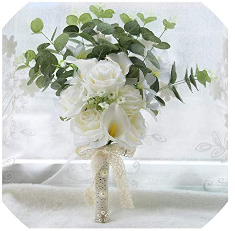 PUFAHAU Handgemachter romantischer Hochzeitsstrauß, Brautstrauß künstliche Boho Hochzeitsblumen Mini Brautjungfernstrauß echte weiße Lilienblumen Hochzeitsstrauß, Brautsträuße