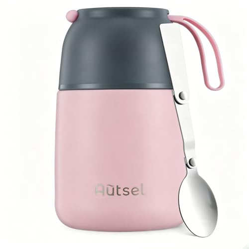 Autsel 500ml Food Flasks for Hot/Cold Food, Stainless Steel soup flask | Thermal food flask, insulated food container, lunch box, leakproof, foldable spoon, ideal for work, picnics & travel