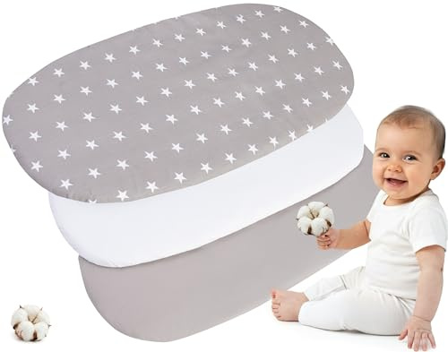 Medi Partners Lenzuola Lettino Culla 86x40 Set 3 Lenzuolo Navicella Neonato Carrozzina con Angoli - 100% Cotone Passeggino Materasso Fitted Sheet Coprimaterasso (Stelle Su Grigio-Bianco-Grigio)