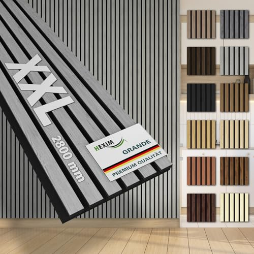 HEXIM Akustikpaneele 4 Stück 280x30cm Holz Grande - XXL Wandpaneele Platten Lamellen Holzpaneele Echtholzfurnier 21mm Filz Schalldämmung MDF Grau (3,37m² Grey Oak)