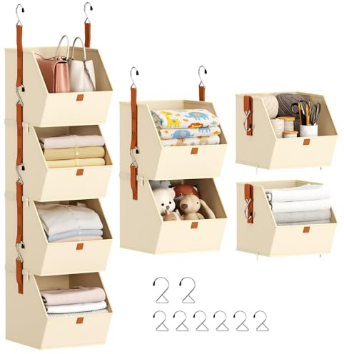 Homsorout Hanging Closet Organizer 4 Tier - Clothes Hanging Shelves, Space-Saving Closet System, Fabric Storage Bins Bedroom Organization, Collapsible Baskets for Home, Dorm, Rv, Beige