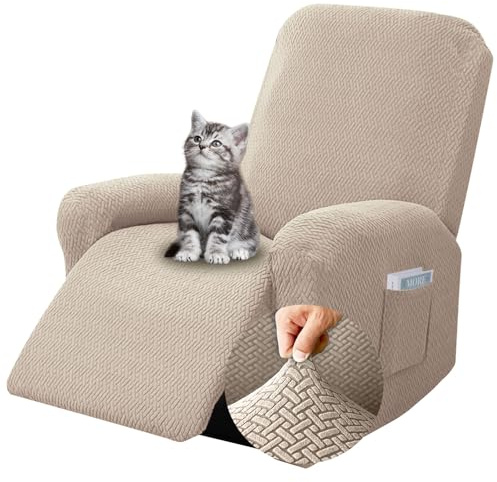 Chingcoo 4-Teilig Sesselbezug, All-Inclusive Sesselschoner für Relaxsessel, Sesselschoner für Fernsehsessel, Komplett Sesselbezug, Stretch Sessel Überzug mit Taschen (Taupe)