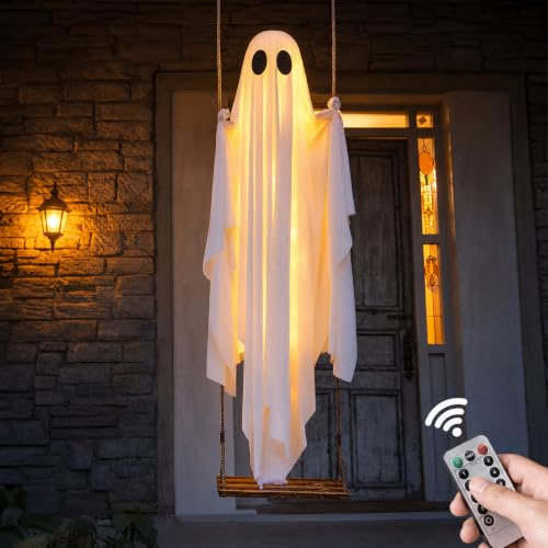 Sunwuun Huge LED Halloween Decorations Outdoor - 5 FT Large Hanging Swing Ghost Halloween Decor with String Lights - Spooky Cute Ghosts Decorations for Front Porch Yard Tree
