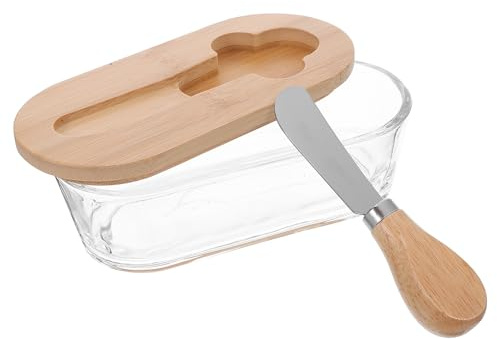Warmhm Boîte à Beurre avec Couvercle et Couteau Verre et Bois Récipient Hermétique pour Beurre Fromage et Condiments Support Rangement pour Frigo Design Compact pour Cuisine