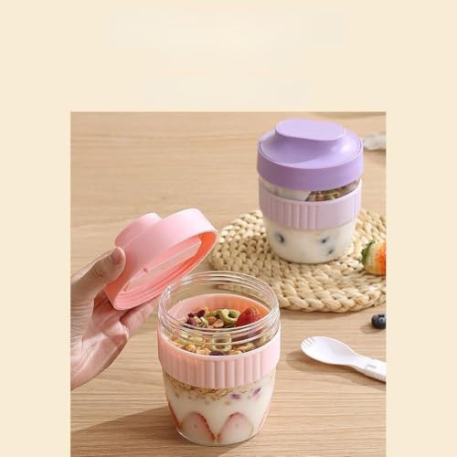 FUBESK Tasse à salade en plastique avec couvercle pour la préparation des repas aux fruits du petit-déjeuner, récipient réutilisable et étanche avec cuillère, 10,6 x 13 cm, vert/violet/blanc/rose