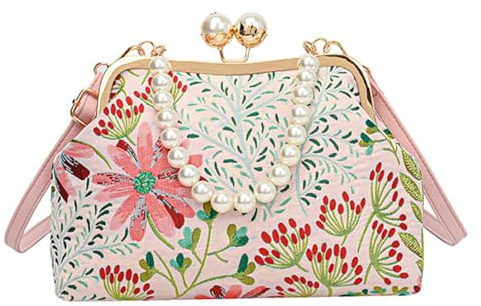 Bolso de mano inspirado en flores bordadas, estilo tradicional, bolso cruzado para mujer, con cadena de perlas, elegante bolso de mano, a, Medium