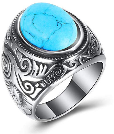 VQYSKO - Anillo para hombre, acero inoxidable, color turquesa y piedra artificial, anillo para hombre, estilo vintage, color turquesa y negro, Acero inoxidable, Piedras artificiales