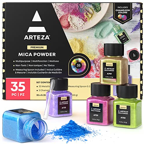 ARTEZA Mica Powder for Epoxy Resin, Set of 35, Assorted Colors, 0.35 oz Bottles, Mica Powder for Candle Making and DIY Crafts