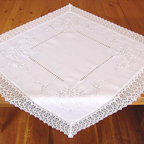 matches21 HOME & HOBBY Tischdecke CORA 110 x 110 cm weiß mit Stickerei & Spitze Landhausstil Mitteldecke Vintage Polyester
