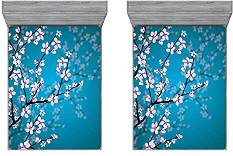 ABAKUHAUS japanisch 2er-Satz Spannbetttuch, Sakura Bloom Muster, Soft Dekorativer Stoff Bettwäsche Rund-um Elastischer Gummizug, 140 cm x 200 cm, Petrol Blau Hellrosa