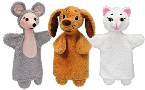 Set 3-Fach Plüsh Handpuppe Tierhandpuppen Maus Hund und Katze 34 cm, Ideal für Puppentheatre und Rollenspiele, für Kinder Baby Jungen Mädchen