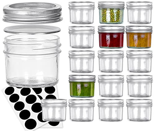 Mason Jars Canning Jars, VERONES 4OZ Jelly Jars With Regular Lids, Ideal for Jam, Honey, Wedding Favors, Shower Favors, DIY Magnetic Spice Jars, 16 PACK