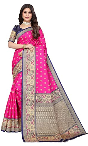 IMTRA FASHION Sari De Seda De Arte Estampado Rosa Tradicional Indio Con Pieza De Blusa-SELENA PINK