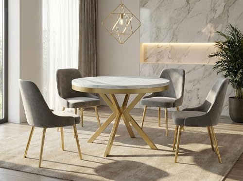 WFL GROUP Runder Ausziehbarer Esstisch in Weißer Marmoroptik - Loft Style Tisch mit Goldenen Metallbeinen - 100 bis 180 cm - Industrieller Tisch für Wohnzimmer - Kompakt - 100 cm - Marmor Weiß