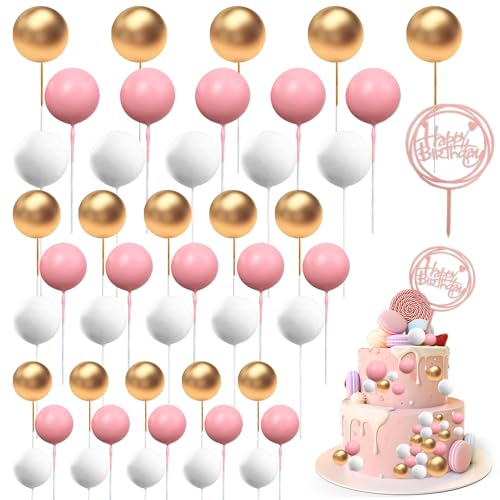 mizikuu Balle Gâteau Topper, 46 Pièces Mini Topper de Gâteau Multifonctionnel Cupcakes Toppers Balle Topper à Gâteau d’Insert DIY pour Gâteau d'anniversaire, Mariage, Fête(Or Rose Blanc)