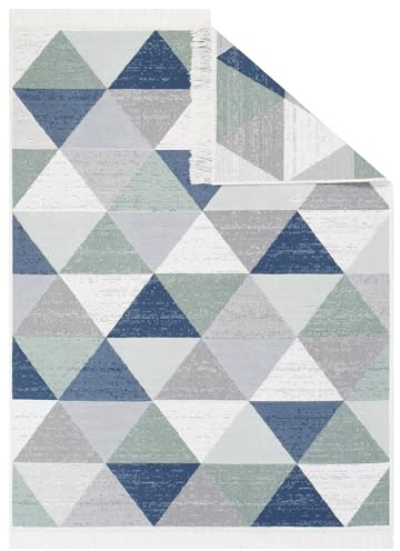 TAPISO Azteca Teppich Kurzflor Baumwolle Waschbar mit Fransen Creme Grau Blau Grün Dreiecke Beidseitig Anwendbar Wohnzimmer Schlafzimmer Küche ÖKOTEX 60 x 110 cm