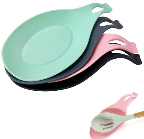 4 Pcs Heat Silicone Spoon Rest Holder, Spoon Rest for Kitchen Counter for Spatula, Ladle, Brush (Green, Pink, Grey, Blak)