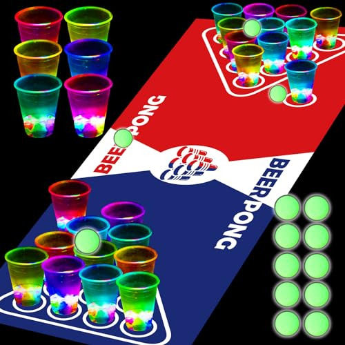 meishuneu Glowing Pong Table Mat Set with Flashing Cups & LED Balls - 180x58 cm Indoor/Outdoor Beer Pong Game for Adults - Party Festival Drinking Games