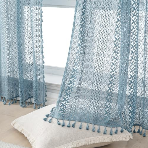 WAZZIO Light Blue Sheer Curtains 84 Inches Long 2 Panels Sheer Lace Pale Blue Curtains for Bedroom Living Room Rod Pocket Tassel Cotton Boho Crochet Curtains Light Filtering Privacy Drapes,Stone Blue