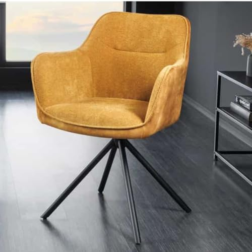 LEBENSwohnART Eleganter Design-Drehstuhl Florenz senfgelb Samt Strukturstoff Metallgestell Auto-Return-Funktion