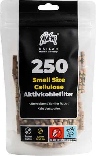 KAiLAR 250 Ungebleicht Cellulose Aktivkohlefilter Slim (6 mm) mit veganer Aktivkohle aus Kokosnussschalen | Für ein sanftes Raucherlebnis ohne zu verstopfen (Kälteresistenz) | aus Kokosnussschalen, ein sanftes Raucherlebnis ohne zu verstopfen (Kälteresistenz), Ersatzfilter, Zubehör
