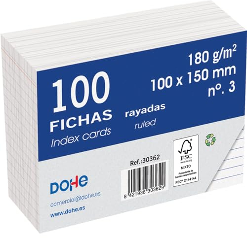 Dohe - Fichas Rayadas de Cartulina (100 uds.) - Tarjetas para Escribir Notas, Tamaño A6 (15x10 cm), 180 gr/m², N.º 3, Material de Oficina - Color Blanco