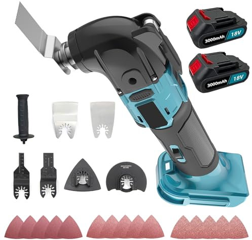 Brushless Oscillating Multi-Tool with 2X 3000mAh Battery, Cordless Multi-Tool with 5 Scenarios, 6 Variable Speeds, Quick-fit Blade Design, 4°Oscillation Angle, 22pcs Accessories Oscillating Kits