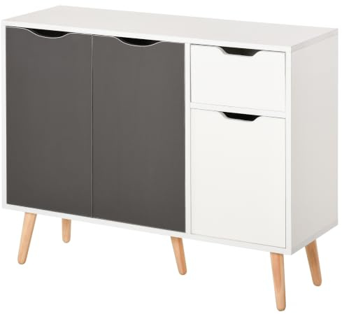 HOMCOM Modernes Sideboard für Wohnzimmer mit 3 Türen und Schublade Sideboard für Wohnzimmer Küche Schlafzimmer 90x30x72 cm Weiß und Grau