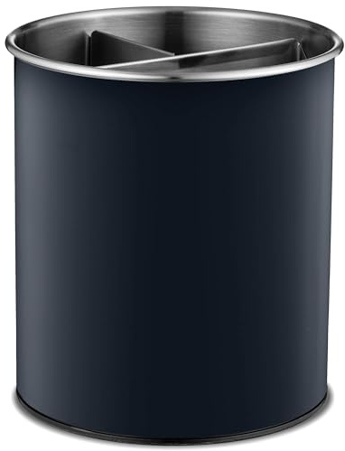 GARUET Rotating Utensil Crock with Weighted Base for Stability – Stainless Steel Utensil Caddy with Removable Divider (Black)