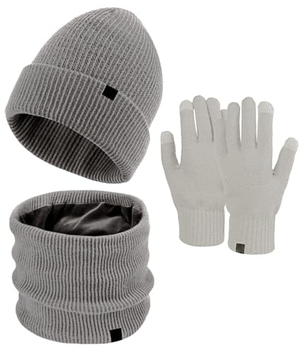 YCBMINGCAN Mütze Schal Handschuh Sets Für Damen 3 In 1 Set Gefütterte Strickmütze Mit Bommel Winterschal Touchscreen Handschuhe Mit Schal Und Winterhandschuhen Mützen Set Damen Winterset 3 Teilig