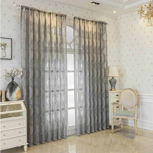 BCughia Durchsichtige Vorhänge Transparent, Gardinen mit Europäischem Blumen Jacquard Vorhang Schlafzimmer 2er Set H 160 x B 132 cm, Grau