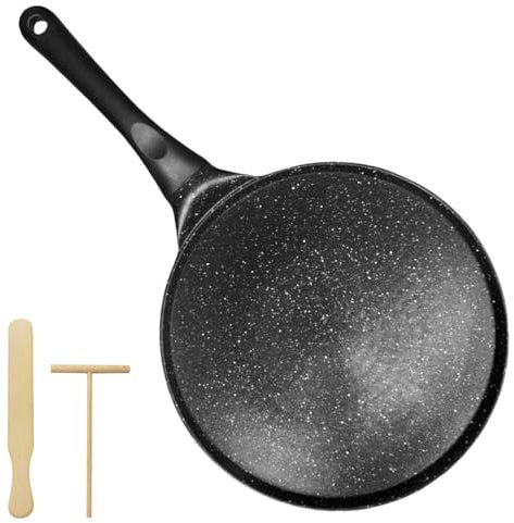 BAIFULAI Crepe - Padella antiaderente per pancake a induzione, 27 cm, con spatola e distributore, padella per pancake, padella per omette, padella per crepes, padelle per crepe per tutti i piani