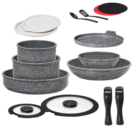 ESEVOLO Batterie de cuisine 16 pièces induction, Lot de Casseroles et Poêles 20cm/28cm avec poignées amovibles, Empilable, Revêtement Antiadhésif en Céramique sans PFAS, avec Crêpiere, Gris